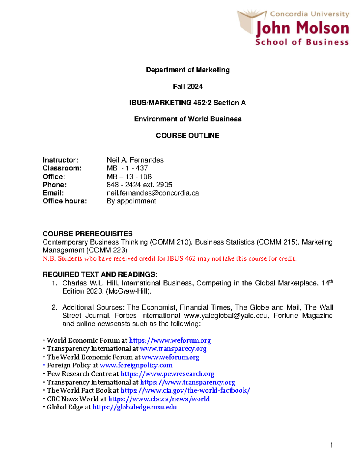 Course Outline - Department of Marketing Fall 2024 IBUS/MARKETING 462/2 ...