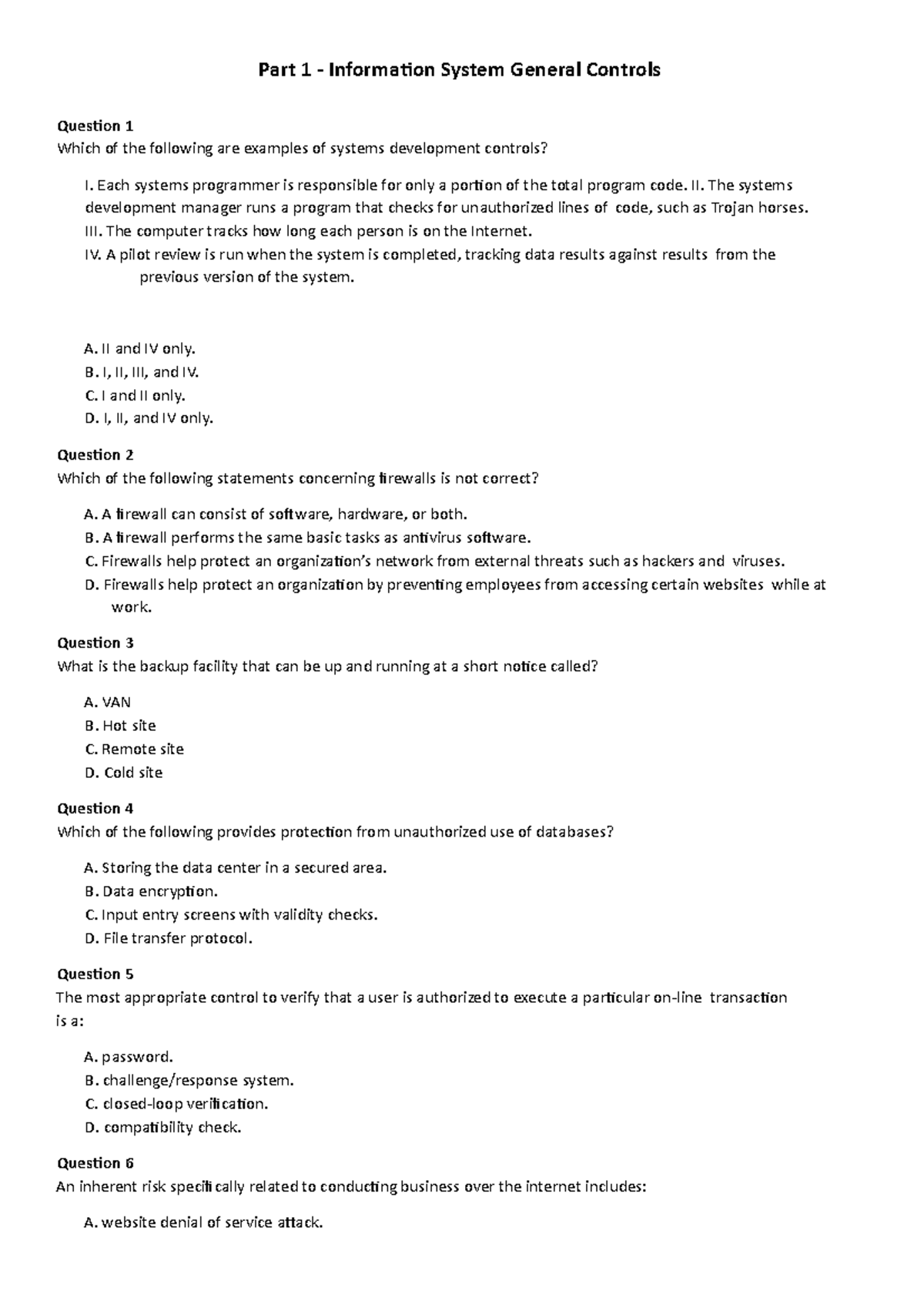 Questions - Topic 4 - Internal Control 1 - Part 1 - Information System ...