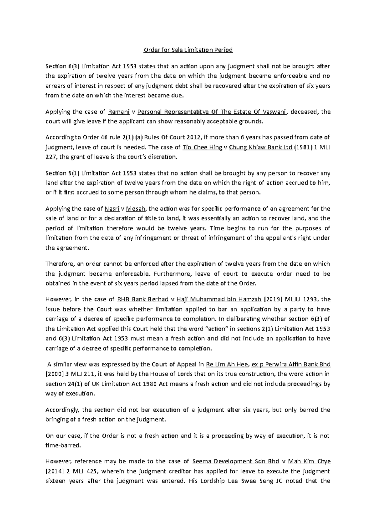 Order for Sale Limitation Period Order for Sale Limitation Period