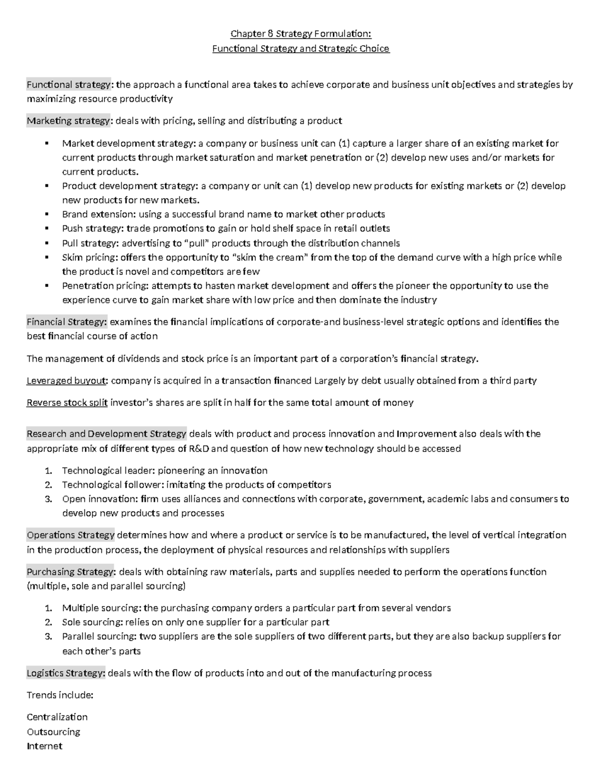 Functional strategy - lecture notes - Chapter 8 Strategy Formulation ...