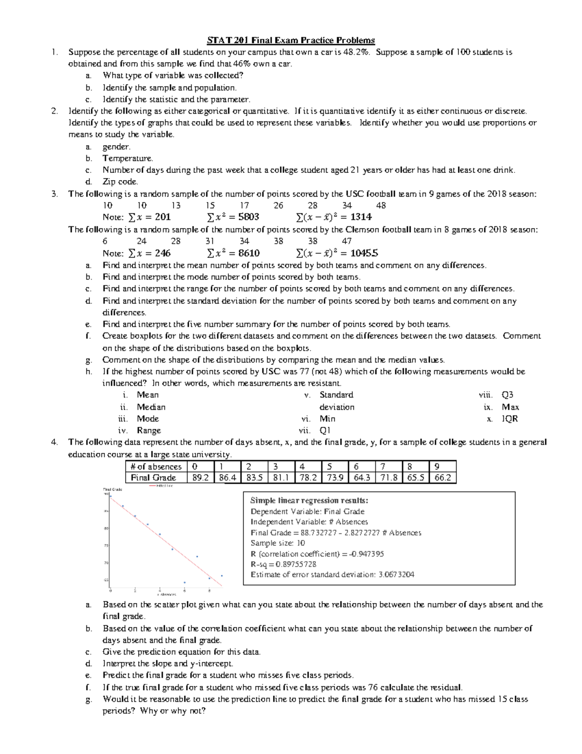 Final Exam Practice Problems - STAT 201 Final Exam Practice Problems ...