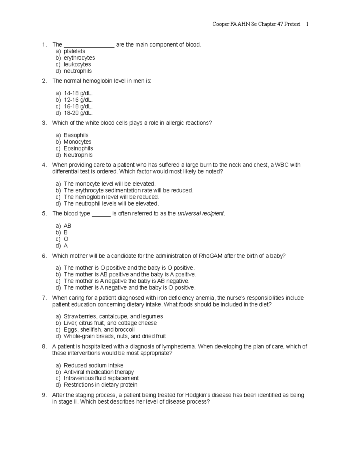 Chapter 047 - Cooper FAAHN 8e Chapter 47 Pretest 1 The ...