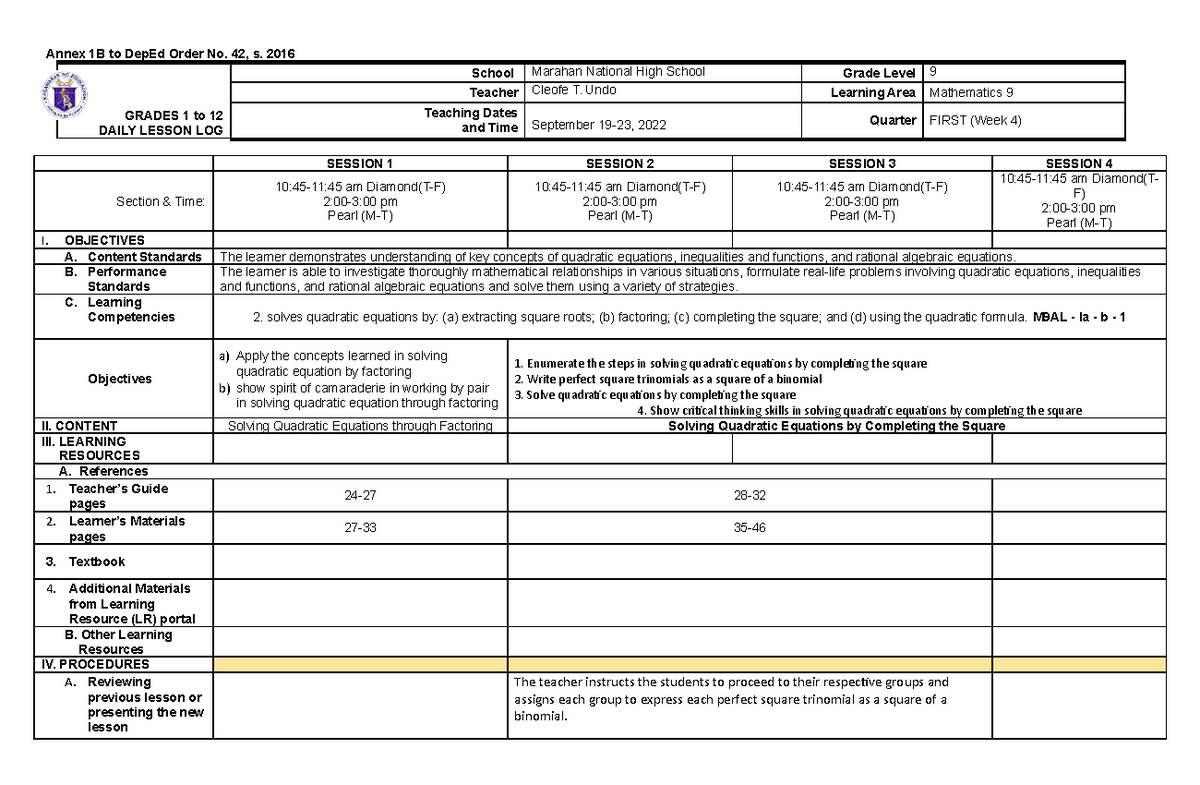 Q1-4th week - for reference - Annex 1B to DepEd Order No. 42, s. 2016 ...