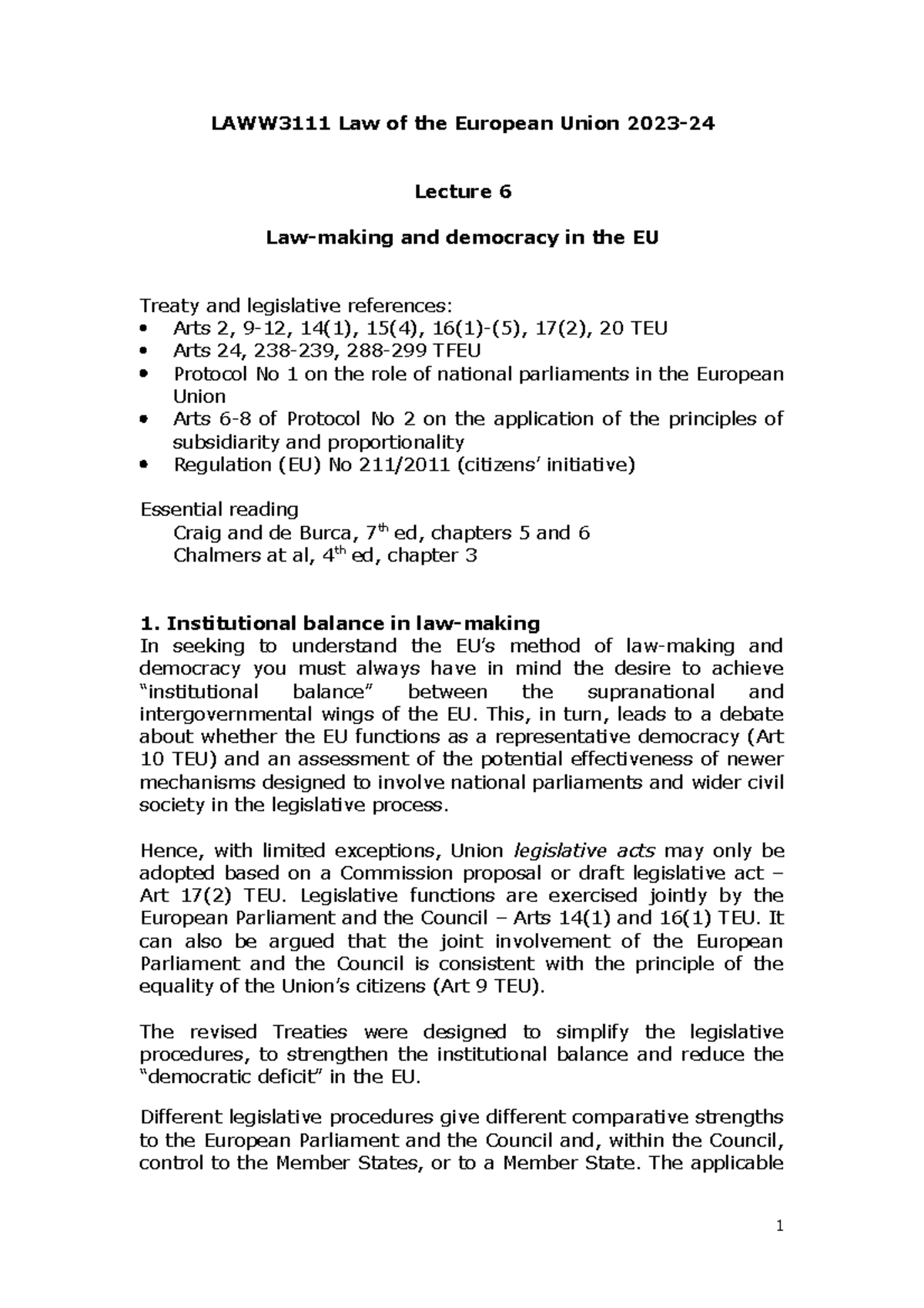 Lecture 6 handout 2023-24 - LAWW3111 Law of the European Union 2023 ...