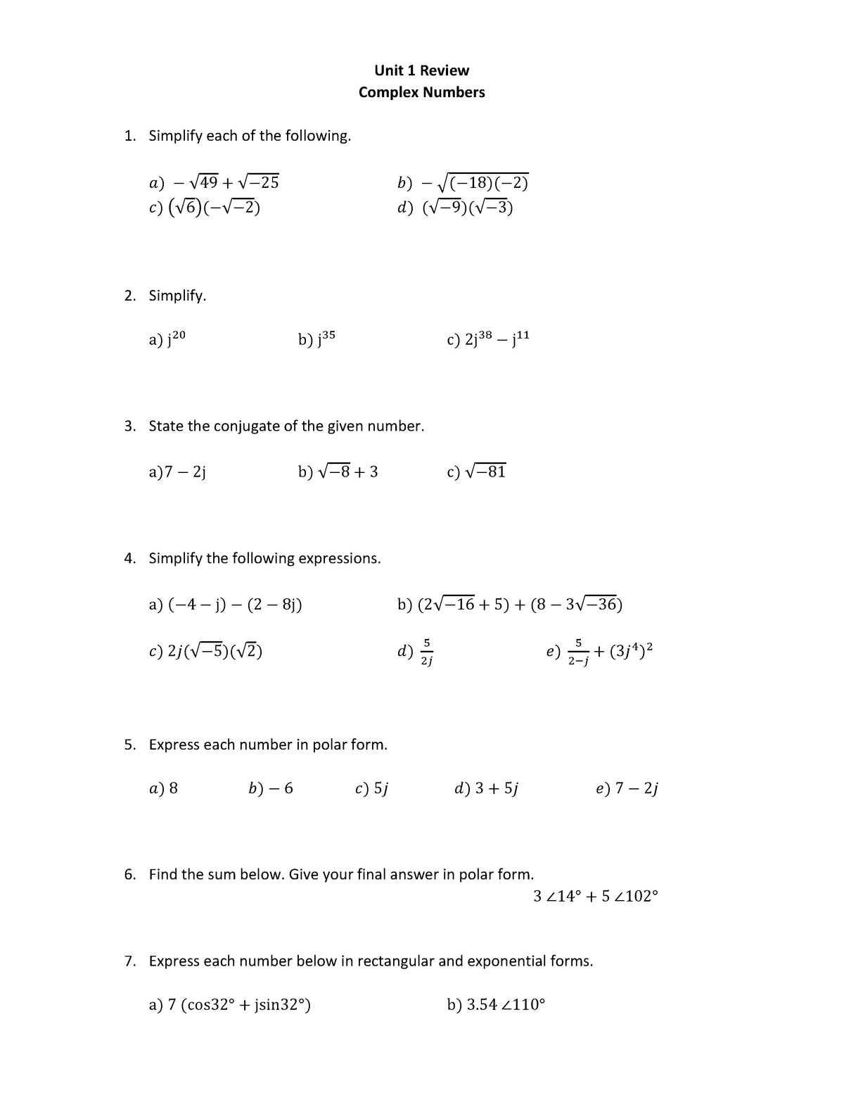 Unit 1 Review Problems (Complex Numbers) - Unit 1 Review Complex ...