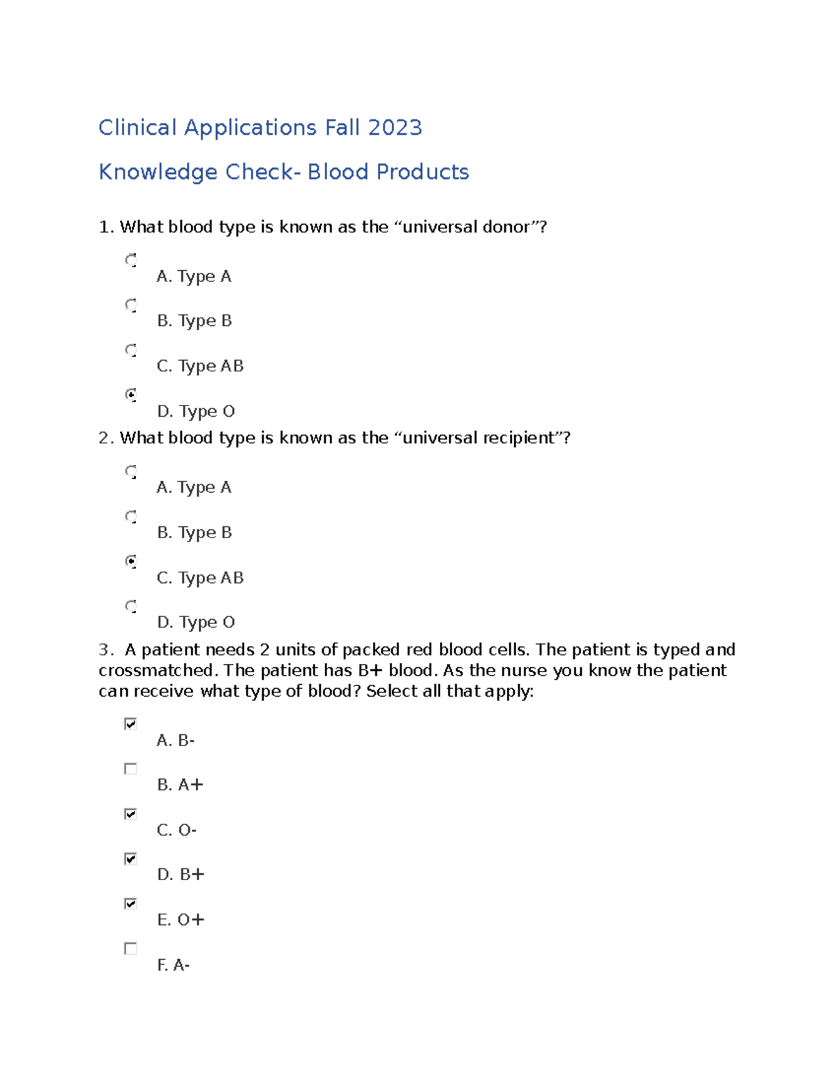 Blood Transfusions- knowledge check - Clinical Applications Fall 2023 ...