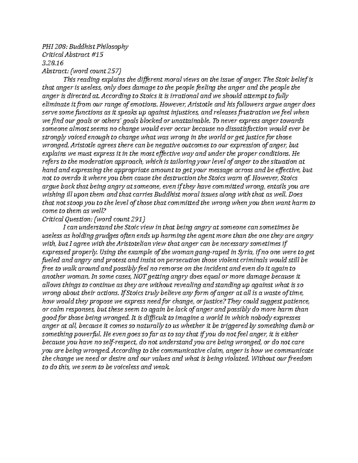 Critical Abstract 15 PHI 208 Buddhist Philosophy Critical Abstract