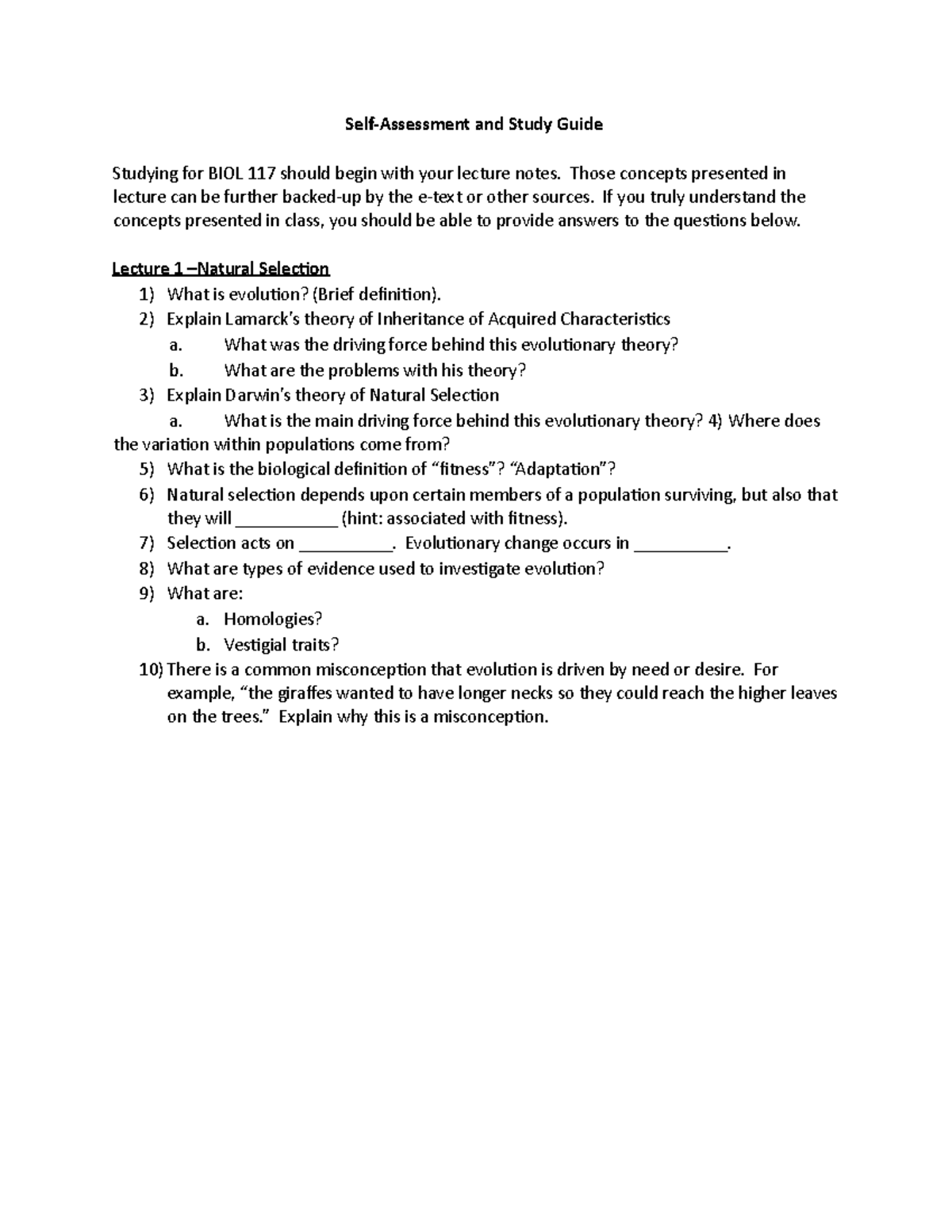 Lecture 1 Natural Selection Self Assessment 400 21 - Self-Assessment ...