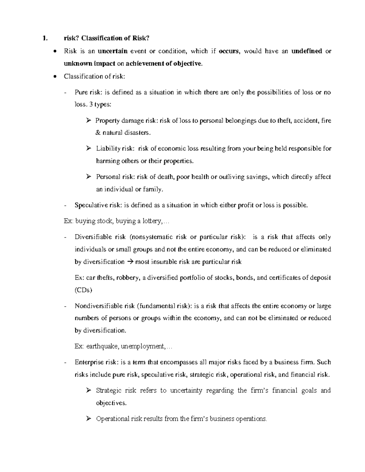 Insurance note - Vấn đáp bảo hiểm - risk? Classification of Risk? Risk ...