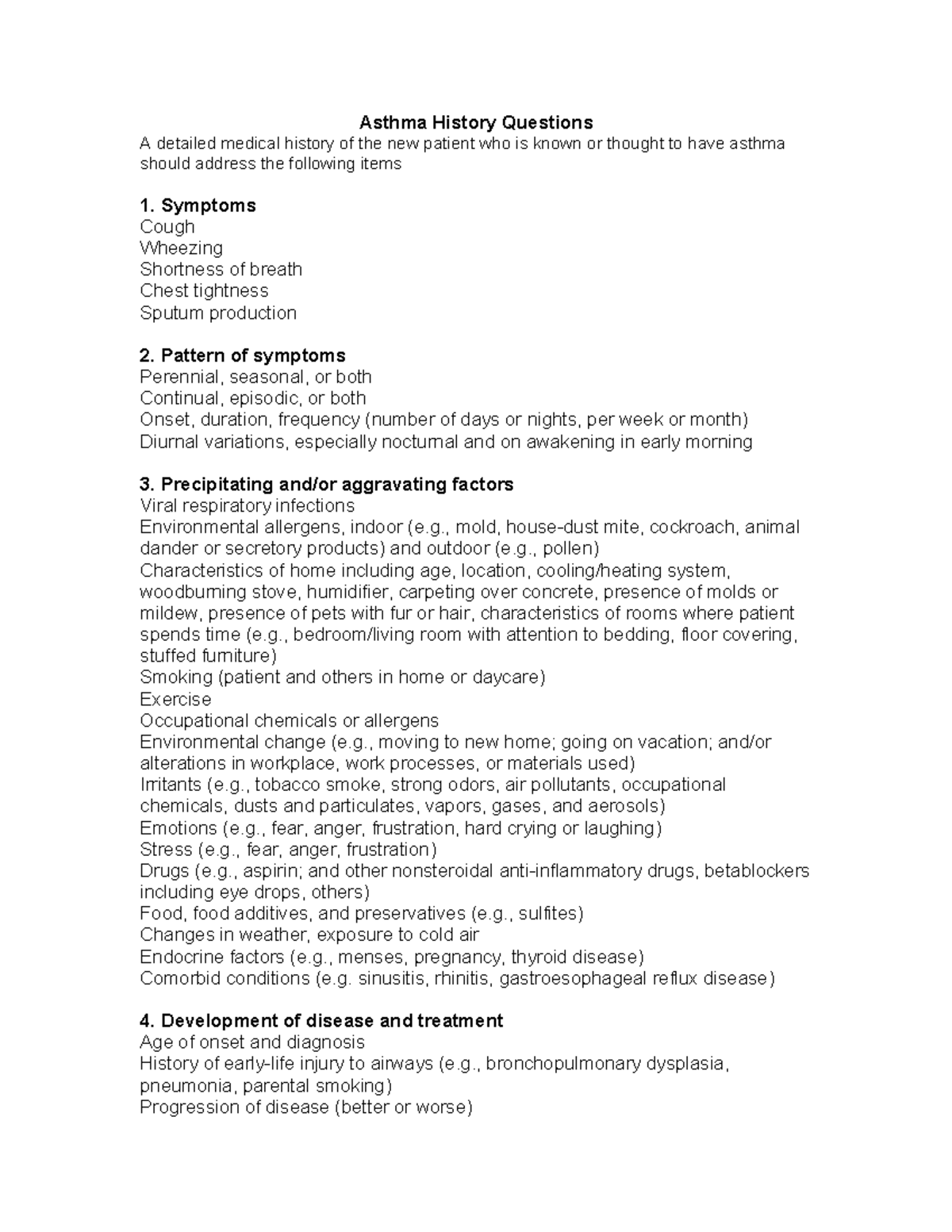 Initial Asthma History Questions for Children Nhlbi Asthma History