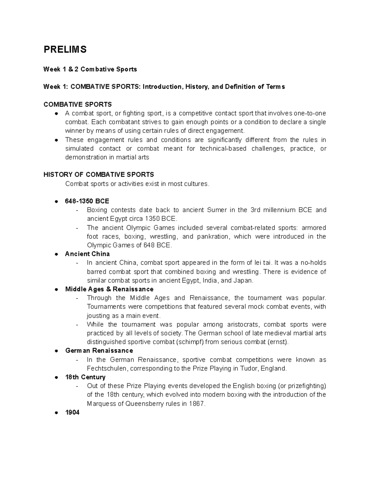 Combative Sports - PRELIMS Week 1 & 2 Combative Sports Week 1