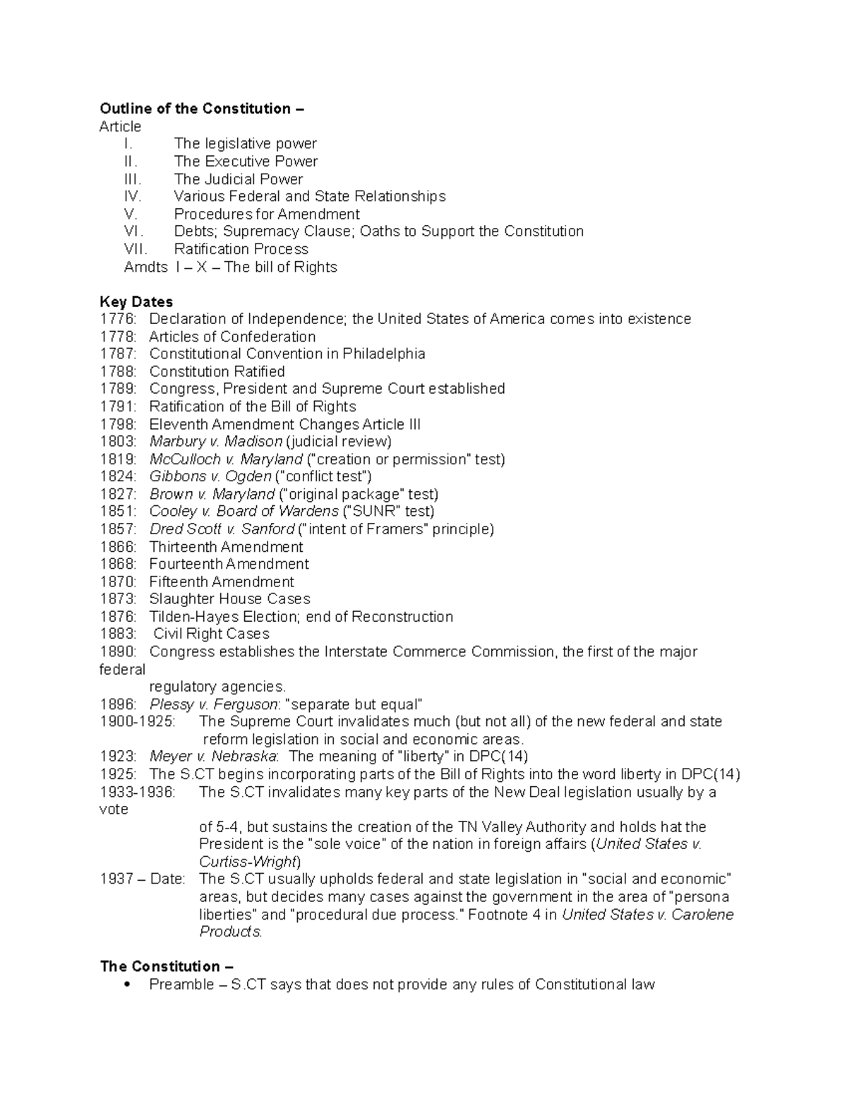 Constitutional Law Outline - 1 - Outline of the Constitution – Article ...