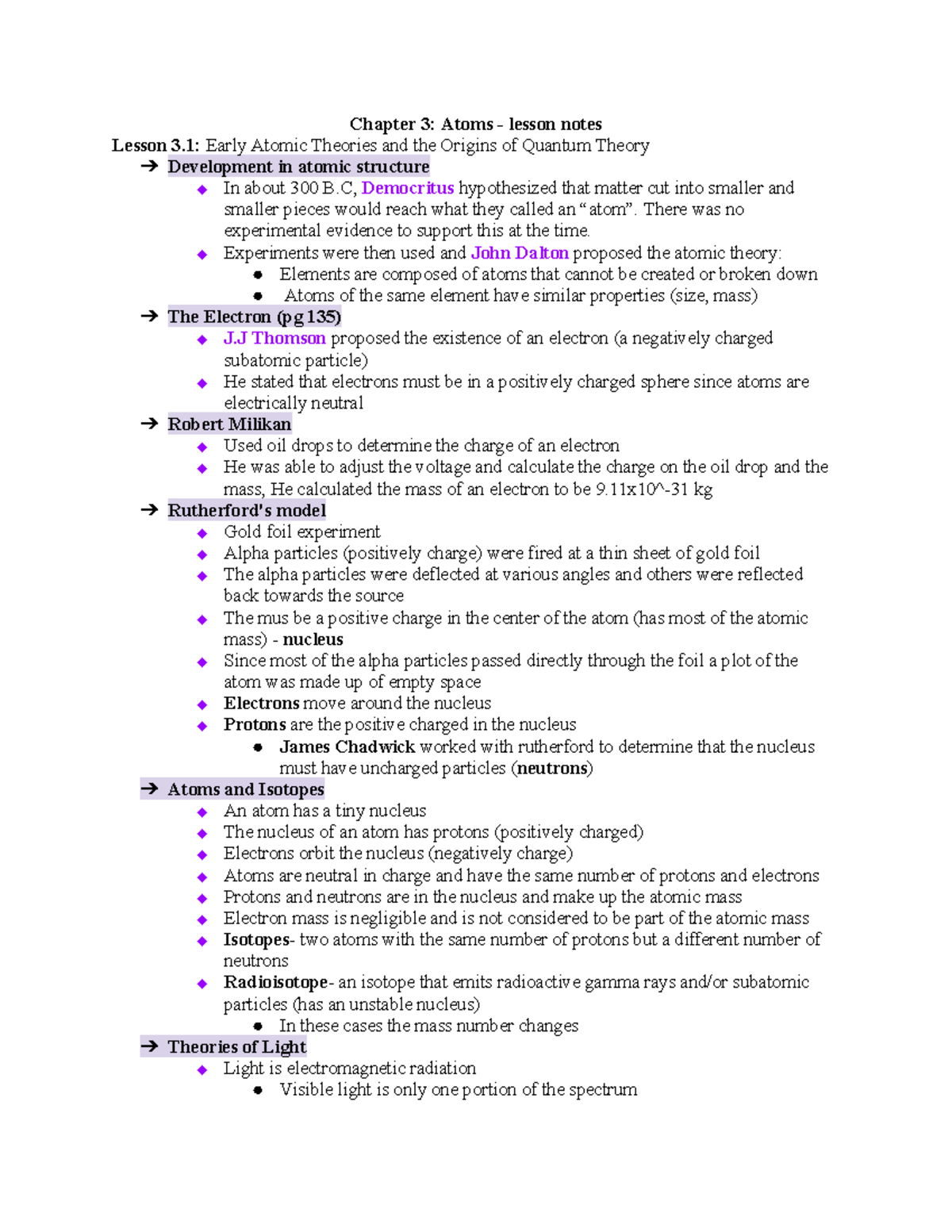 (Lesson Notes) Chapter 3 Atoms - Chapter 3: Atoms - Lesson Notes Lesson ...