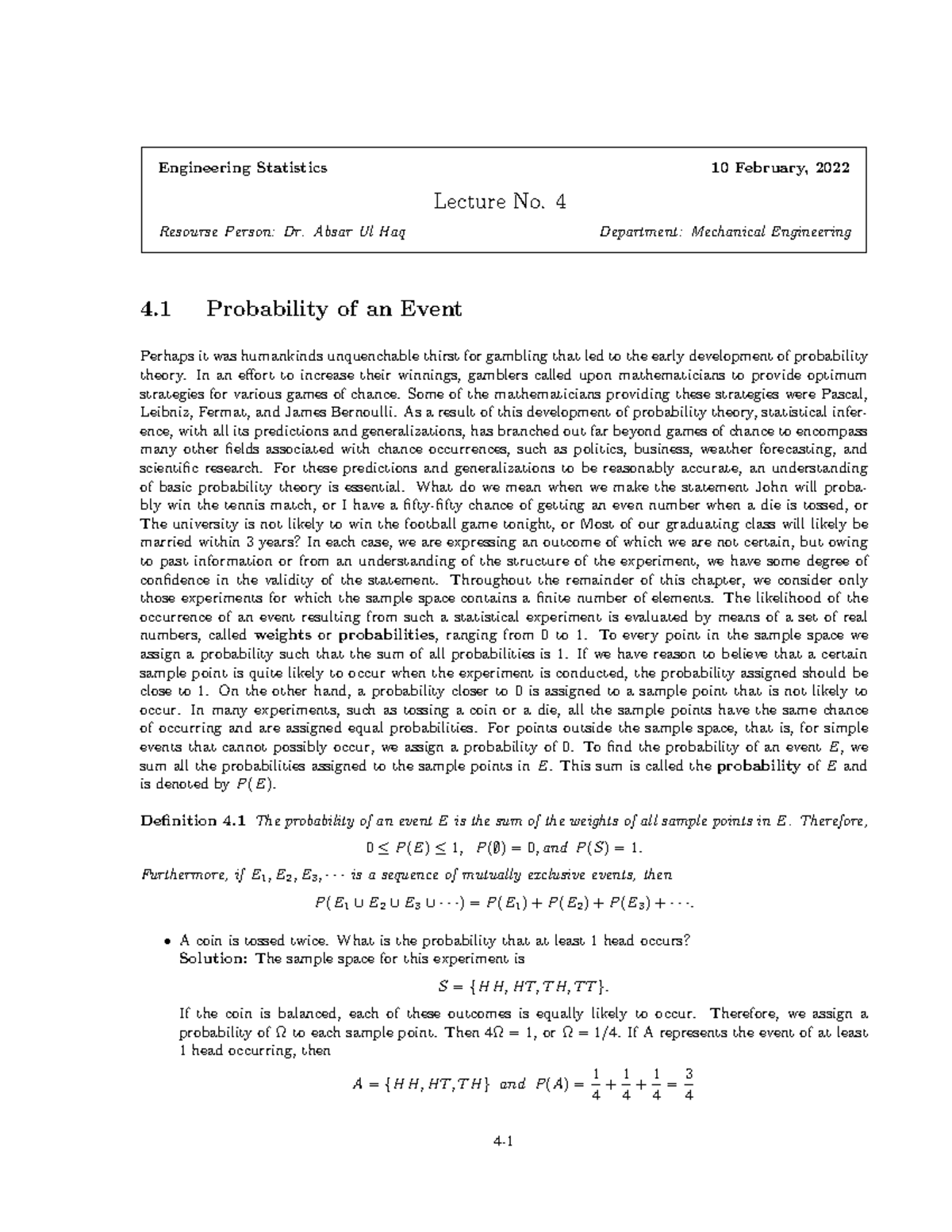 Lecture No - notes - Engineering Statistics 10 February, 2022 Lecture ...