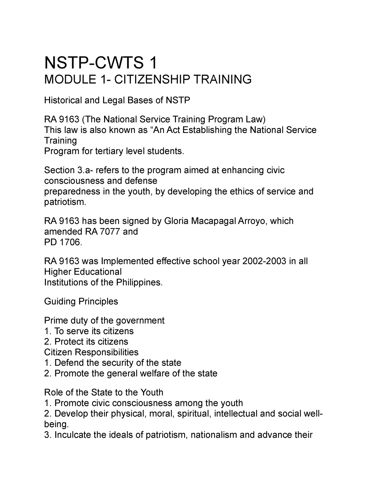 NSTP-notes - None - NSTP-CWTS 1 MODULE 1- CITIZENSHIP TRAINING ...