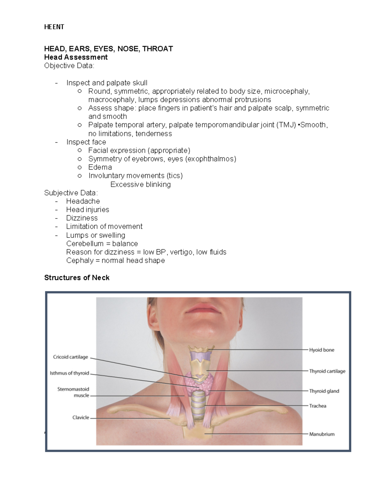 Heent - Study Guide - HEAD, EARS, EYES, NOSE, THROAT Head Assessment ...