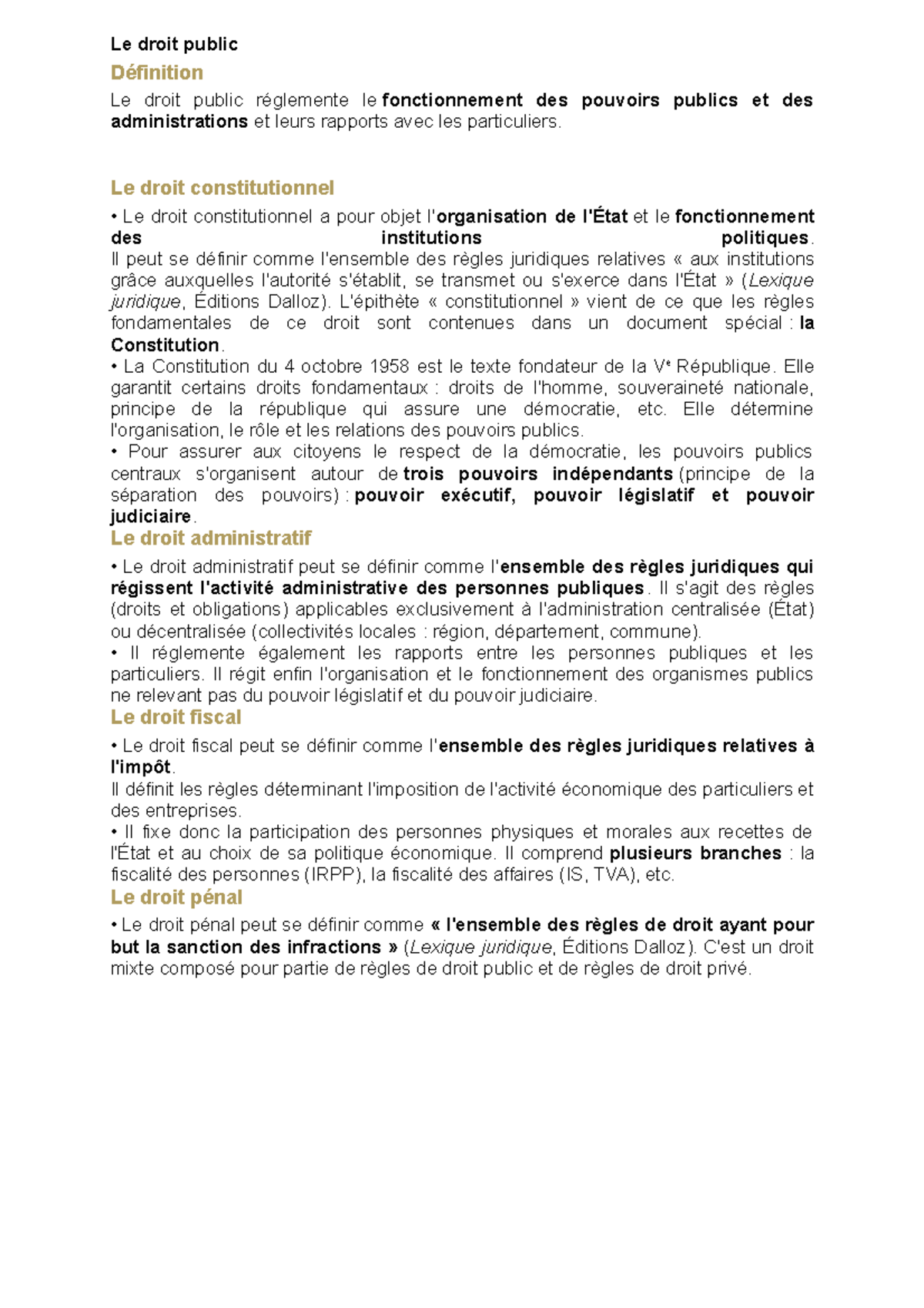 Le droit public - Notes de cours 1 - Le droit public Définition Le ...