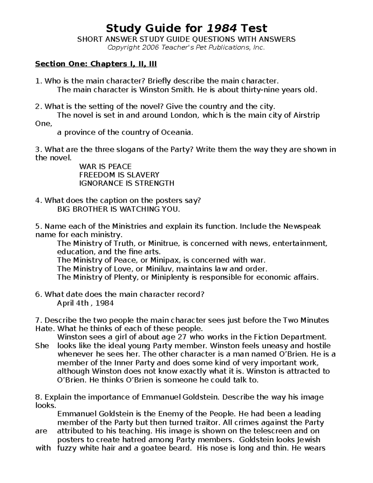 1984 Study Guide answers Study Guide for 1984 Test SHORT ANSWER