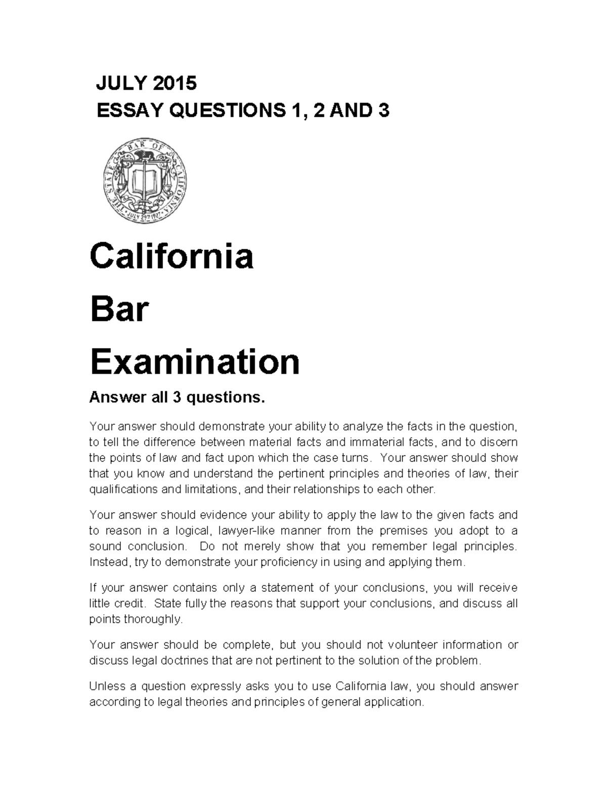 california bar examination essay questions and selected answers