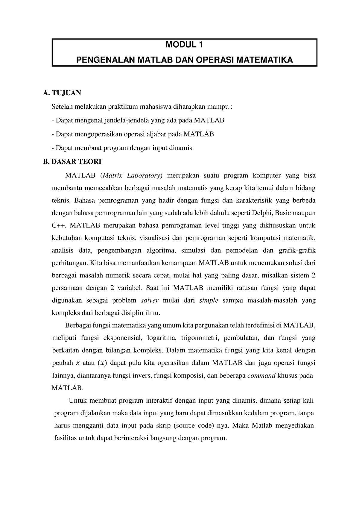 Modul 1 Kalkulus - MODUL 1 PENGENALAN MATLAB DAN OPERASI MATEMATIKA A ...