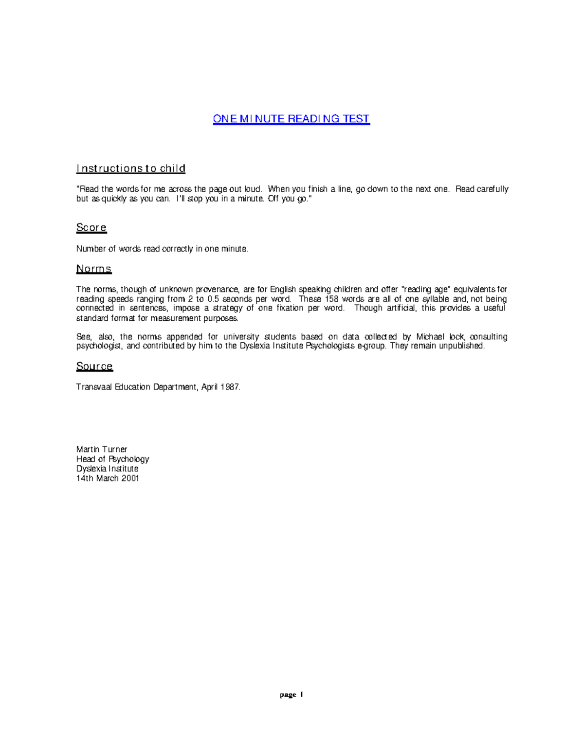 One+Minute+reading+test++Instructions++Test+and+score+chart - ONE ...