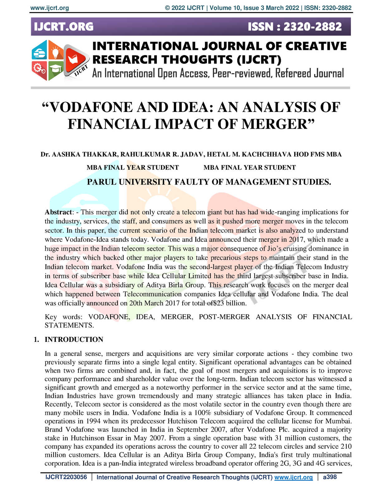 research paper on idea vodafone merger