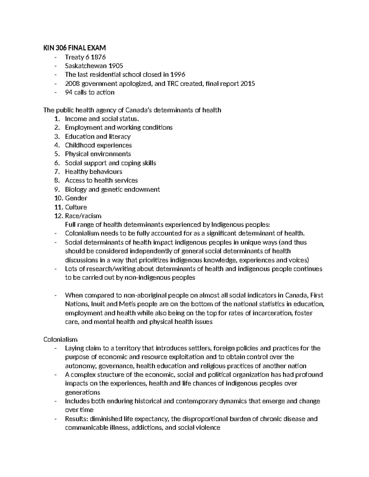 KIN 306 Final EXAM Study - KIN 306 FINAL EXAM Treaty 6 1876 ...