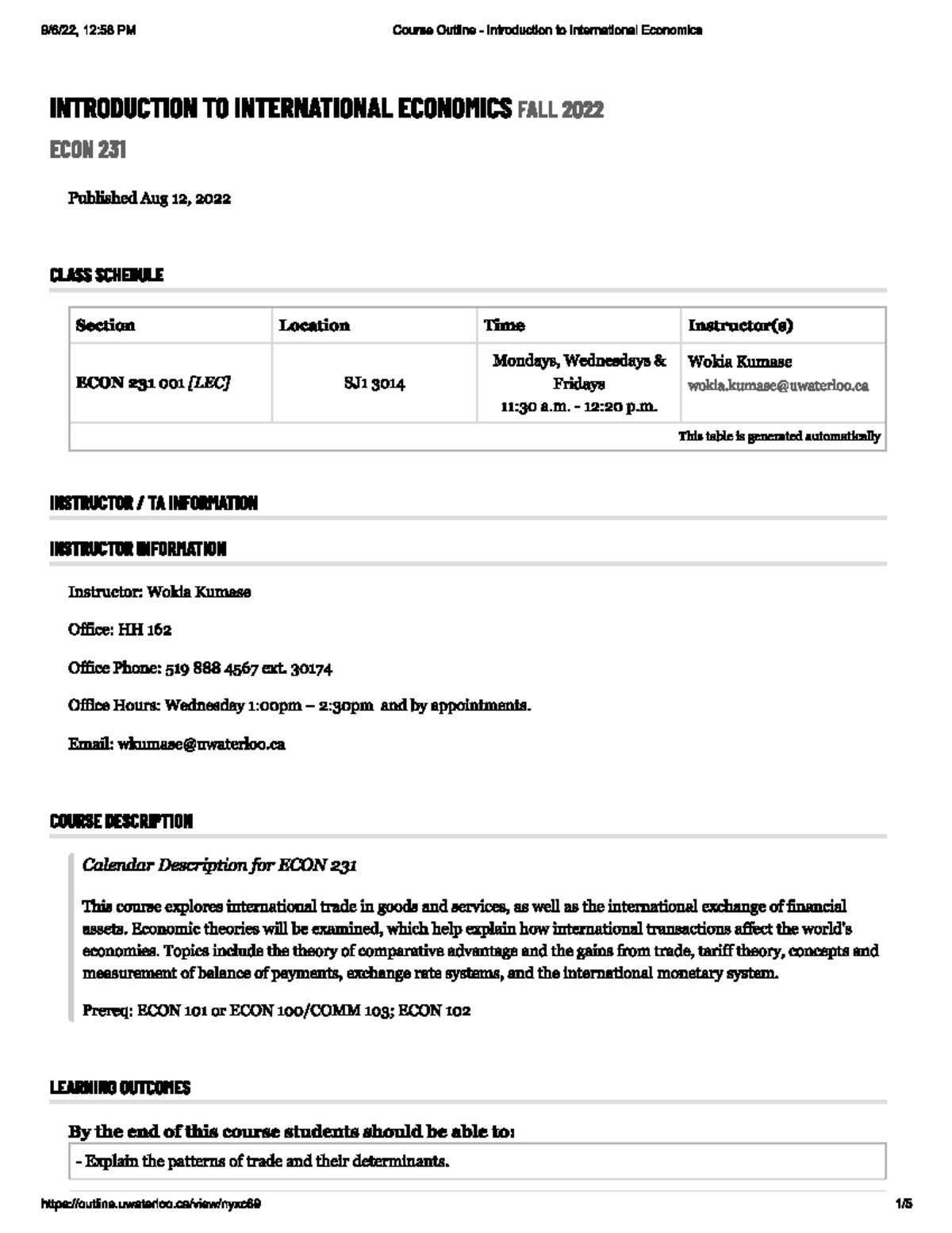 Econ231 Course Outline Econ 231 Studocu