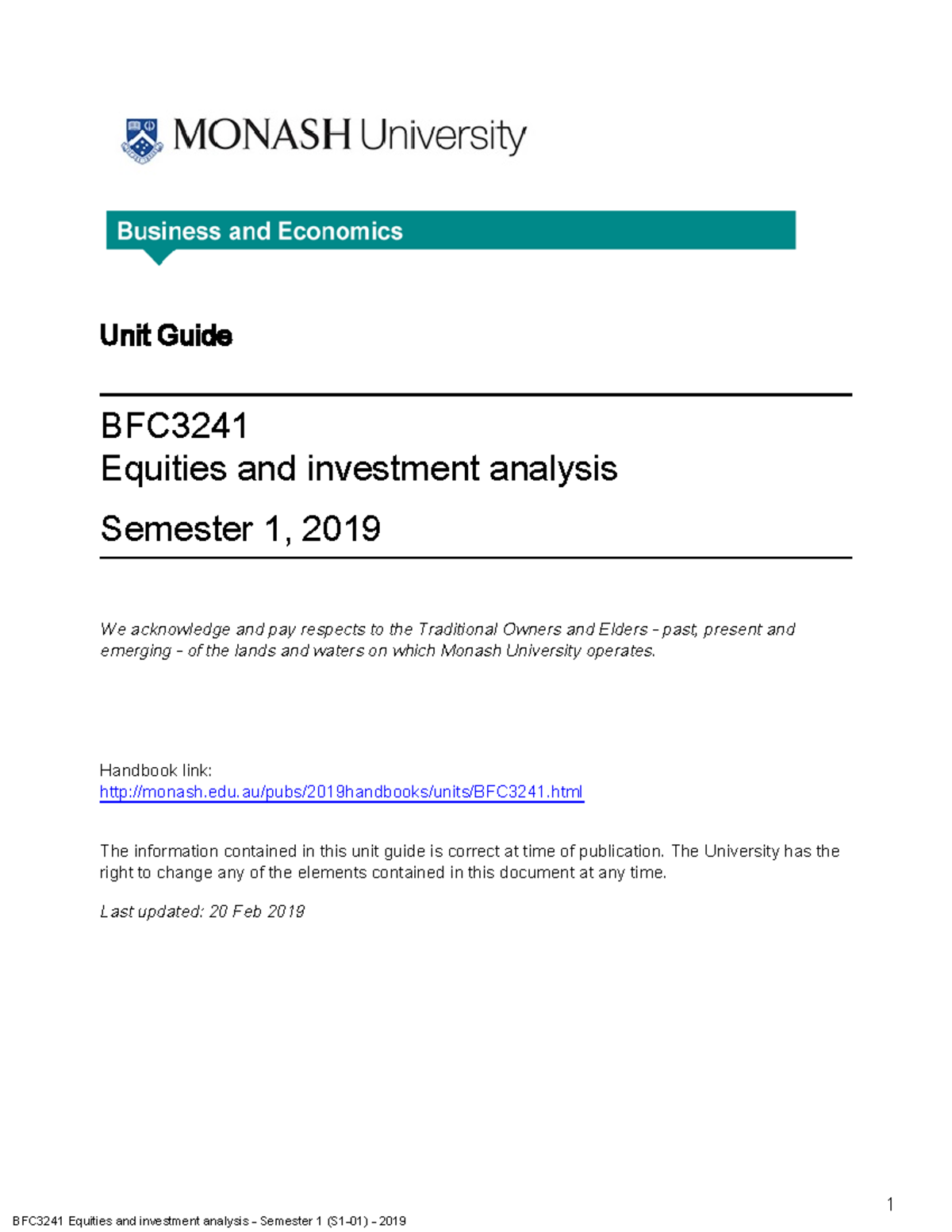 BFC3241 Semester 1(S1-01) 2019 - Unit Guide BFC3241 Equities And ...