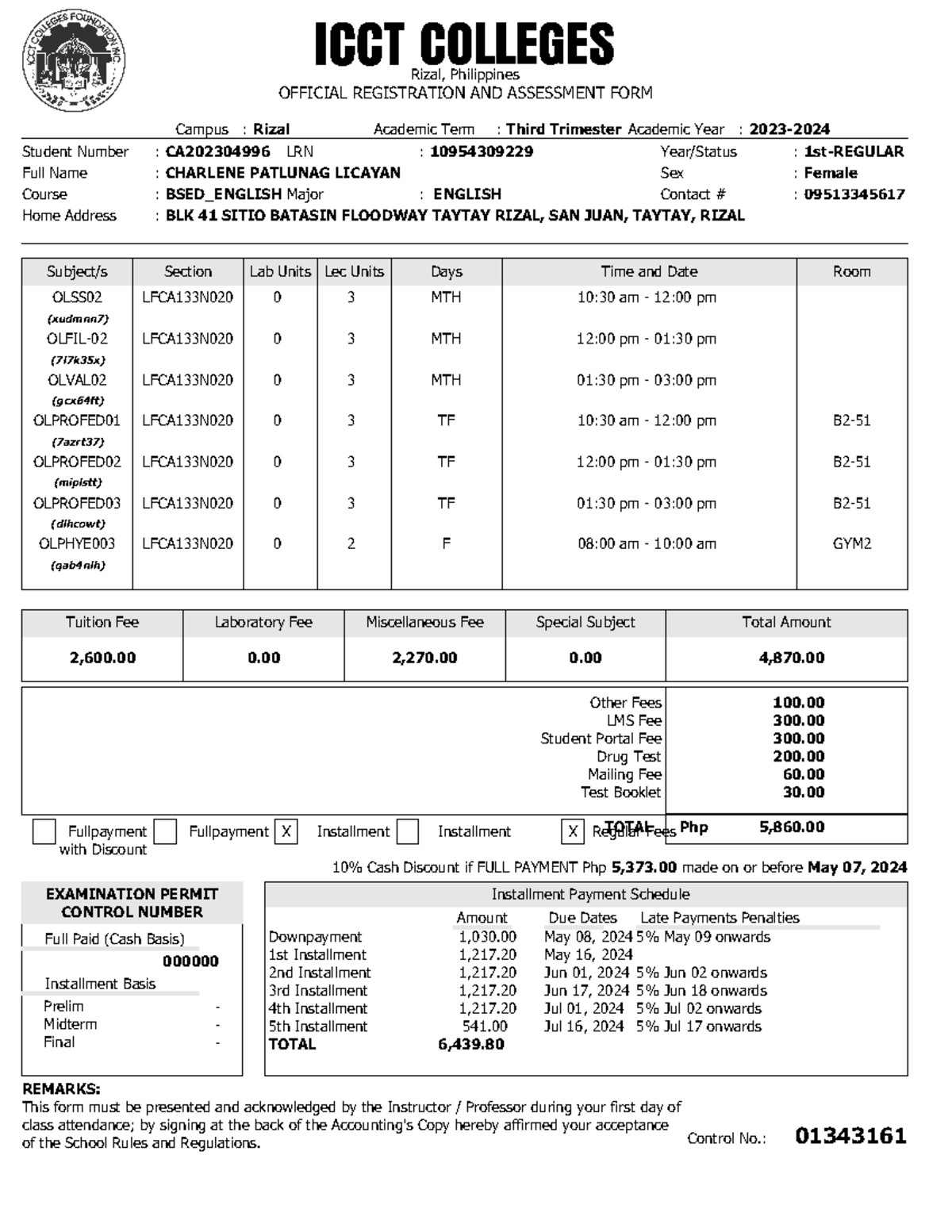 Official registration and Assessment Form 1 - Rizal, Philippines ...