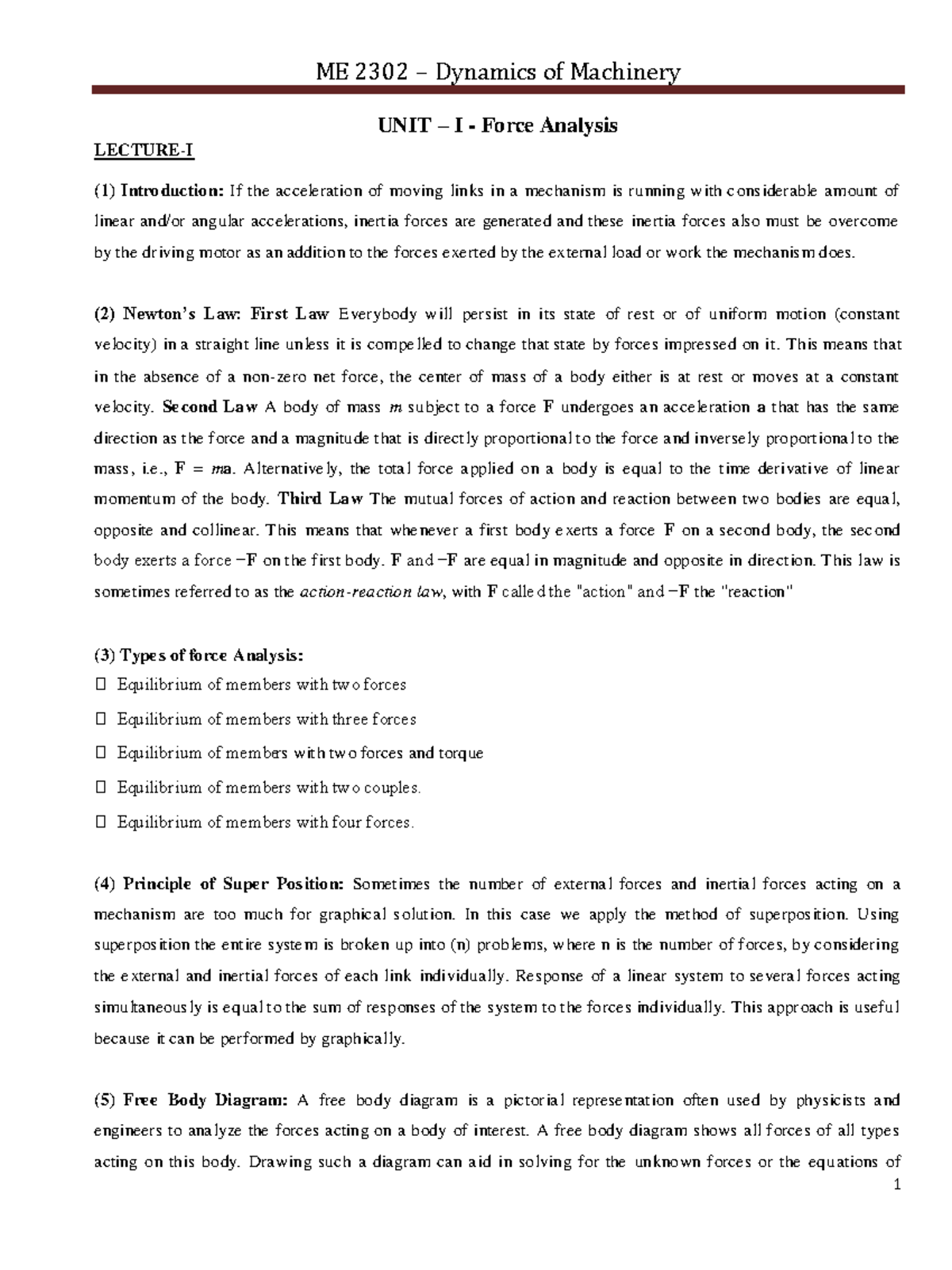 ME2302 uw - ME 2302 – Dynamics of Machinery UNIT – I - Force Analysis ...