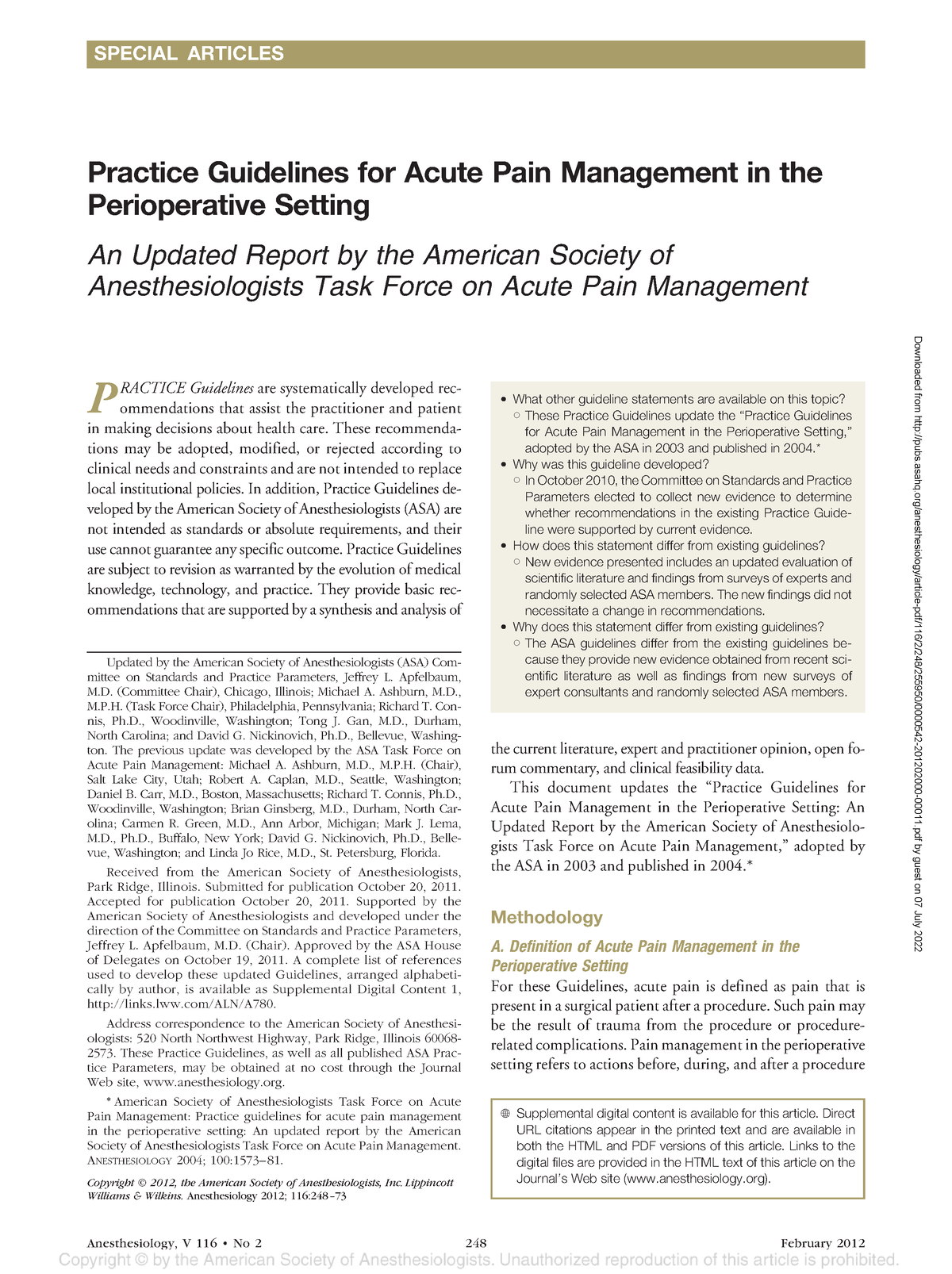 Practice Guidelines For Acute Pain Management In The Perioperative ...