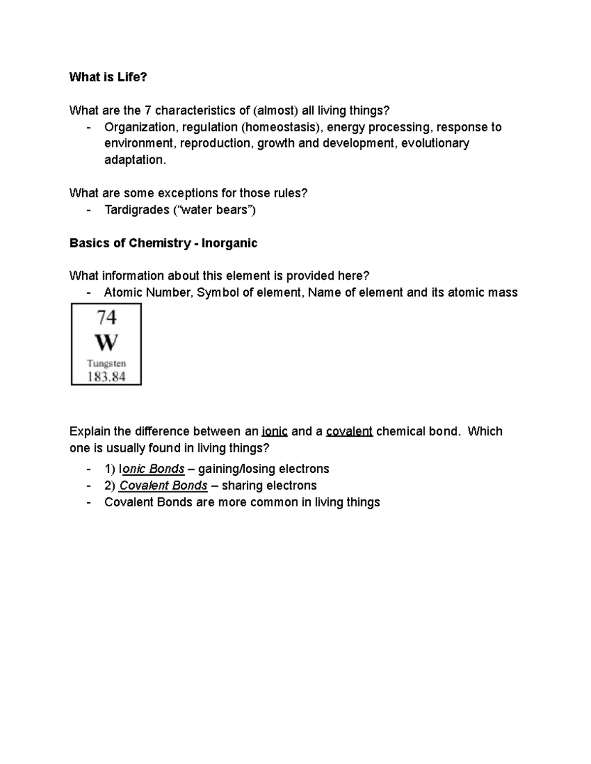 Bio 1 - Exam 1 Study Guide - What Is Life? What Are The 7 ...