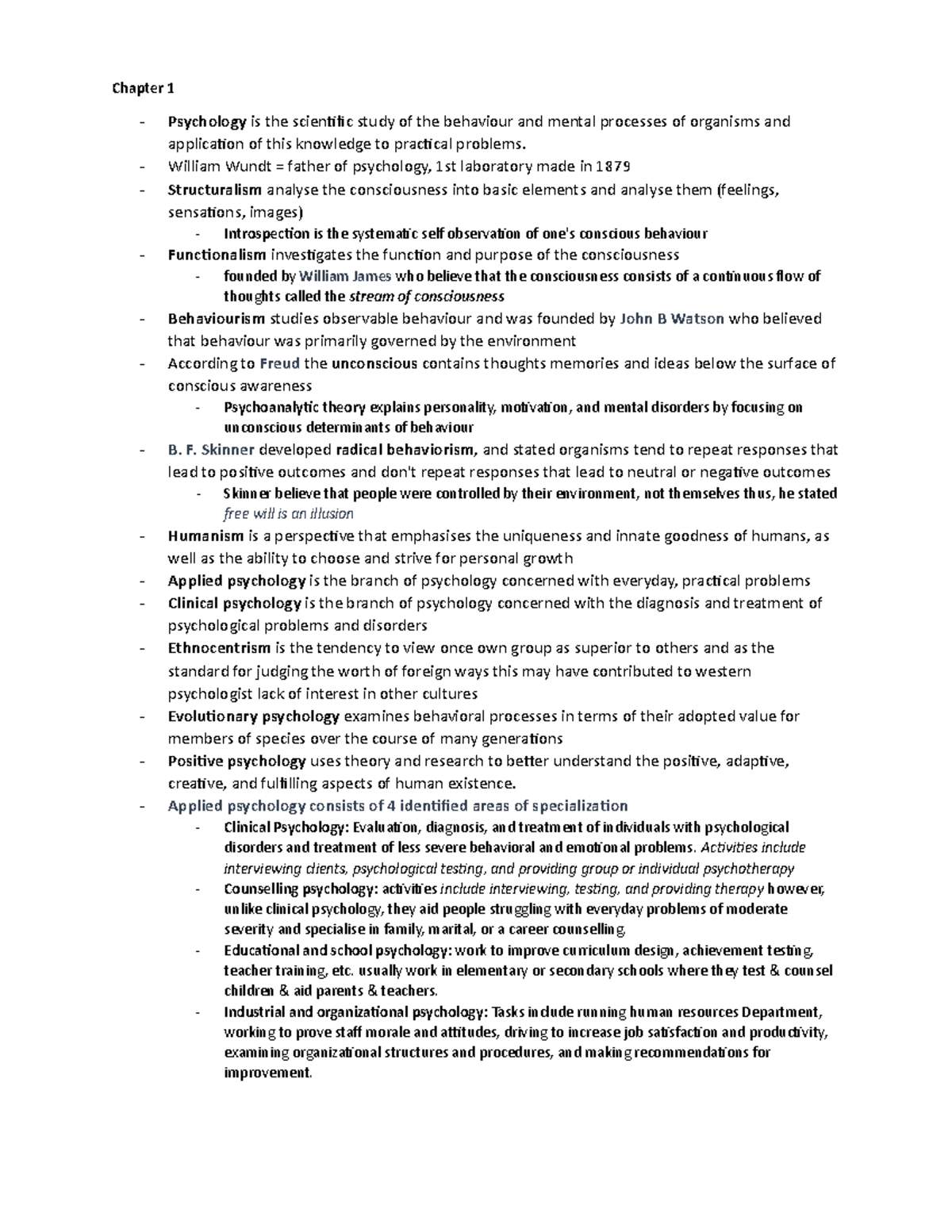 Chapter 1 Quick Notes - Chapter 1 Psychology is the scientific study of ...