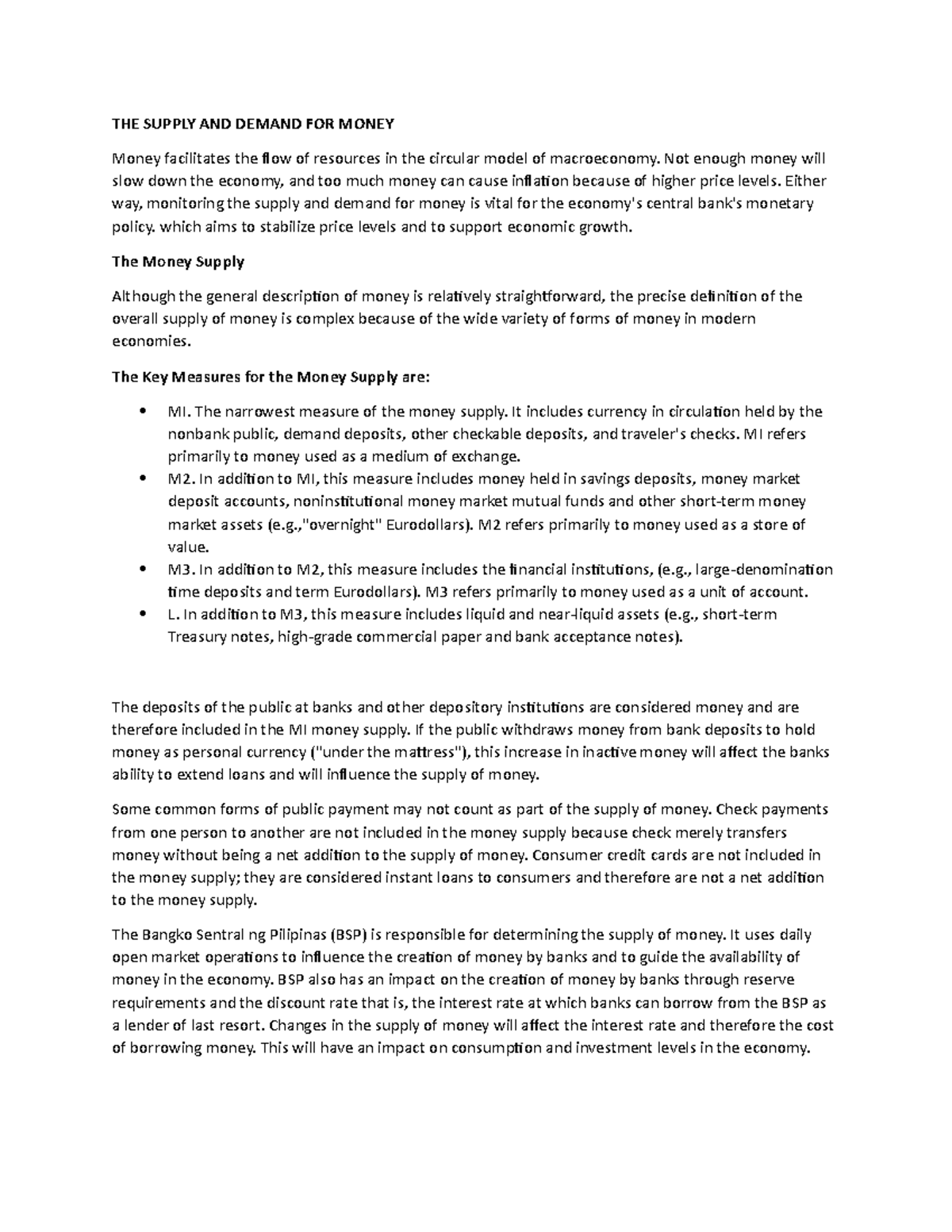 THE Supply AND Demand FOR Money - THE SUPPLY AND DEMAND FOR MONEY Money ...