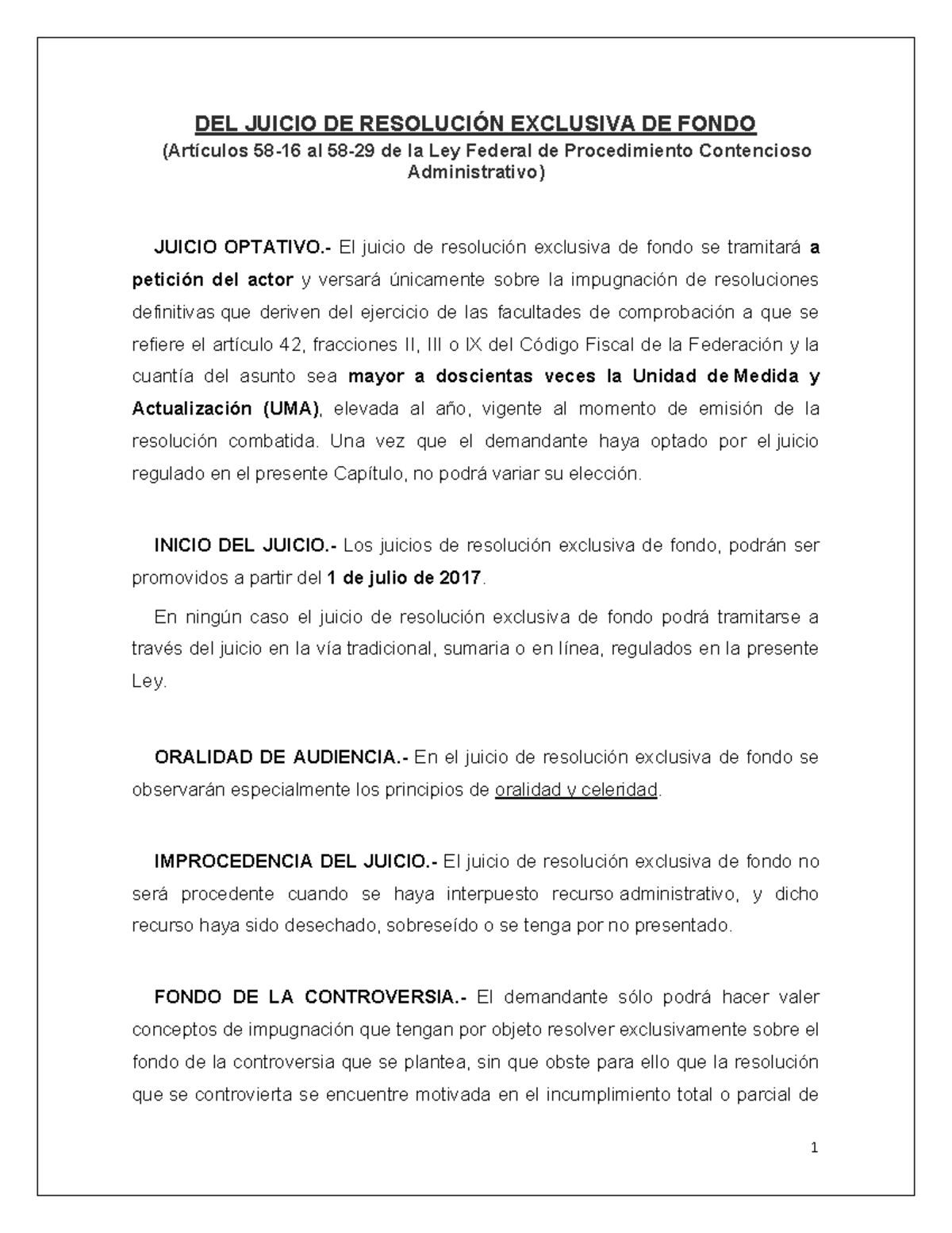 Juicio De Resolucion Exclusiva De Fondo - DEL JUICIO DE RESOLUCIÓN ...