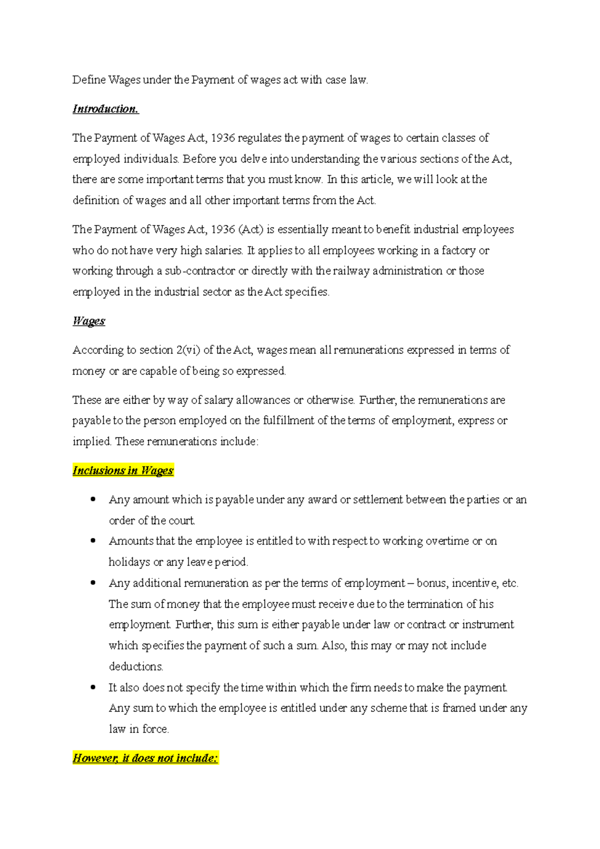 Define Wages under the Payment of wages act with case law