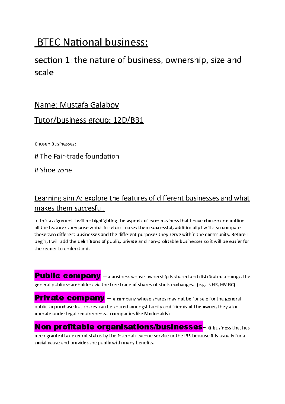 Unit 1 A B Assignment Unit 1 BTEC National Business Section 1 The 
