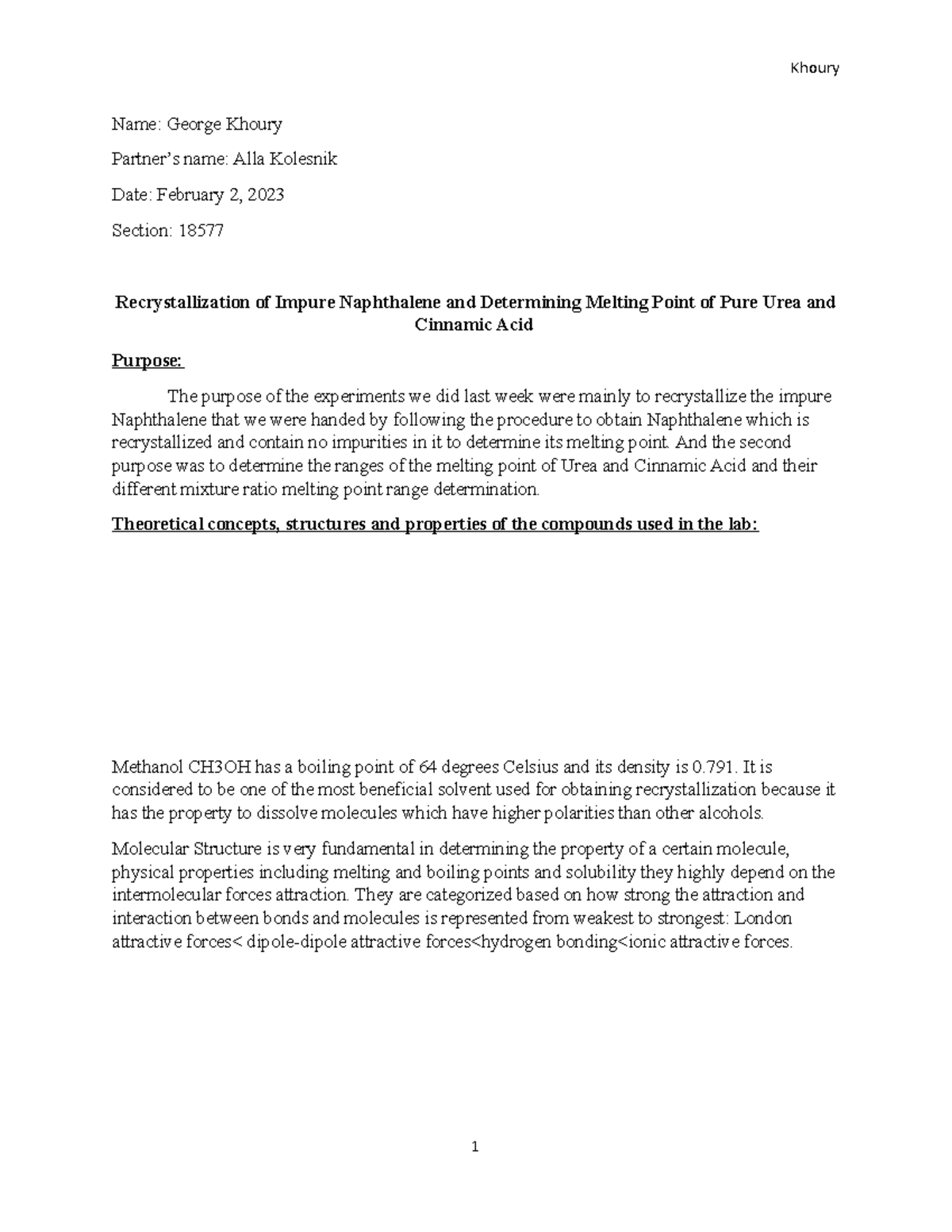 Lab Report Week 2 - Recrystallization Of Impure Naphthalene And ...