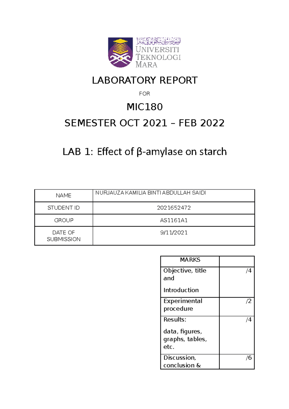 LAB REPORT 1 Effect of βamylase on starch LABORATORY REPORT FOR MIC