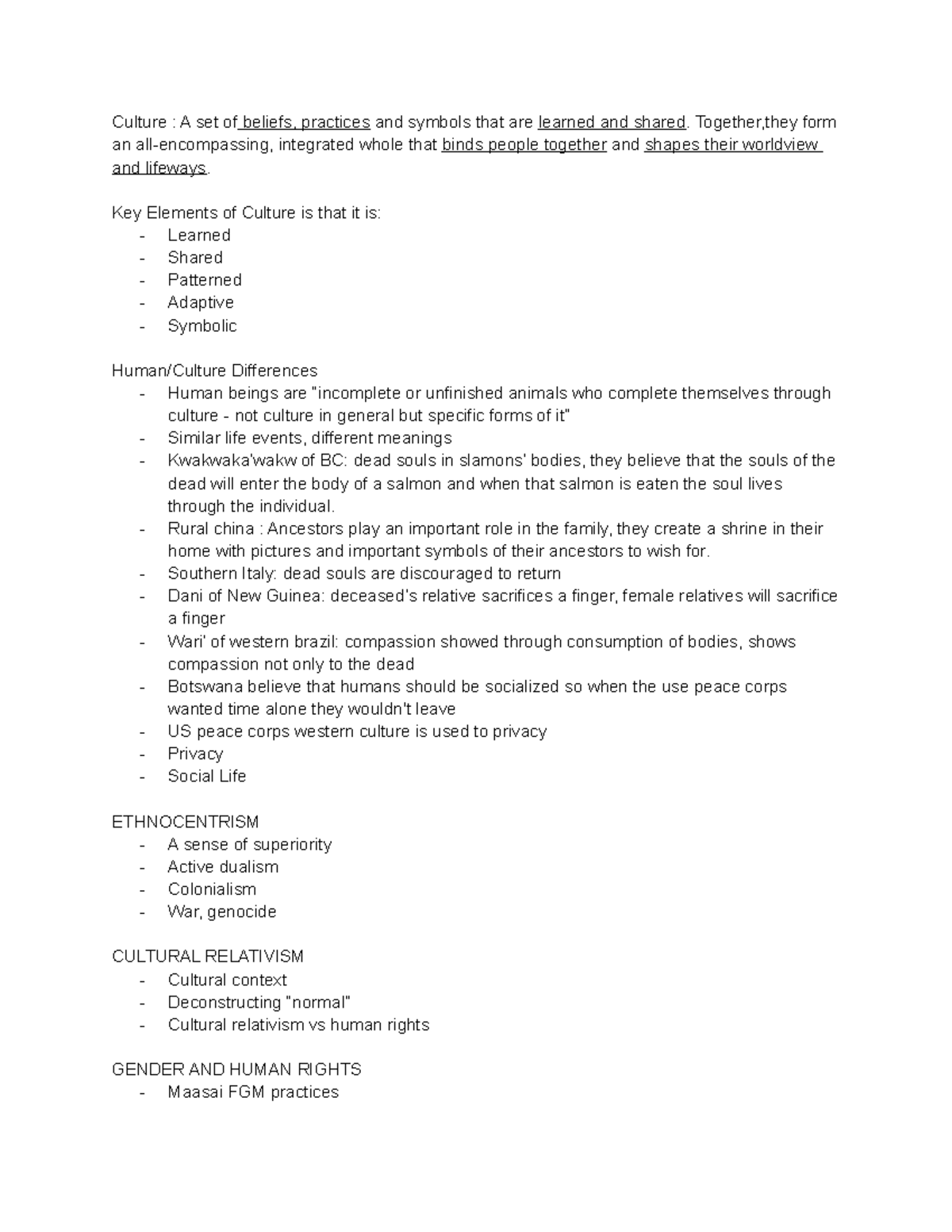 Week 02 Anthrop Notes Culture A Set Of Beliefs Practices And