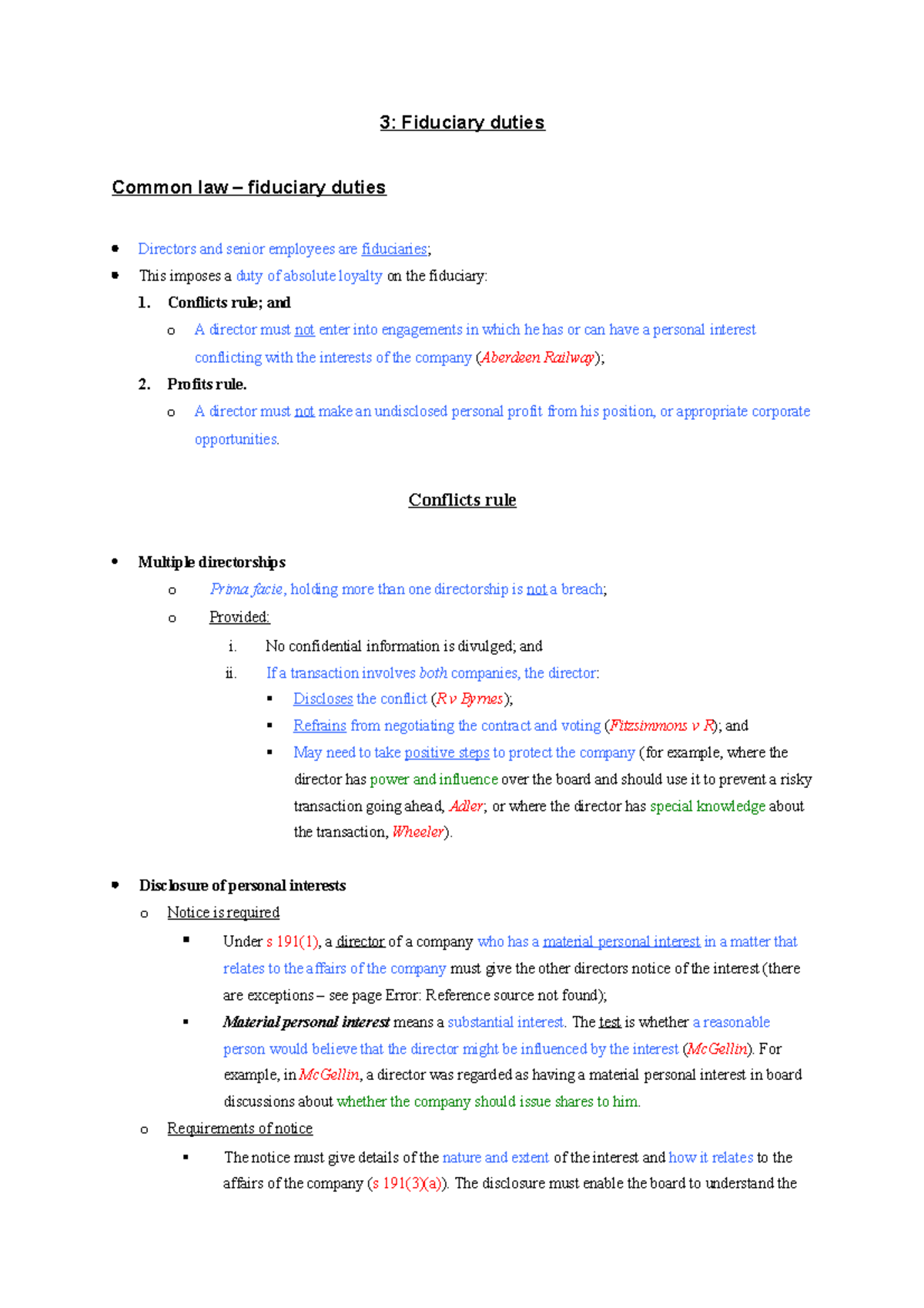 Law notes 2 3 Fiduciary duties Common law fiduciary duties Directors and senior employees are