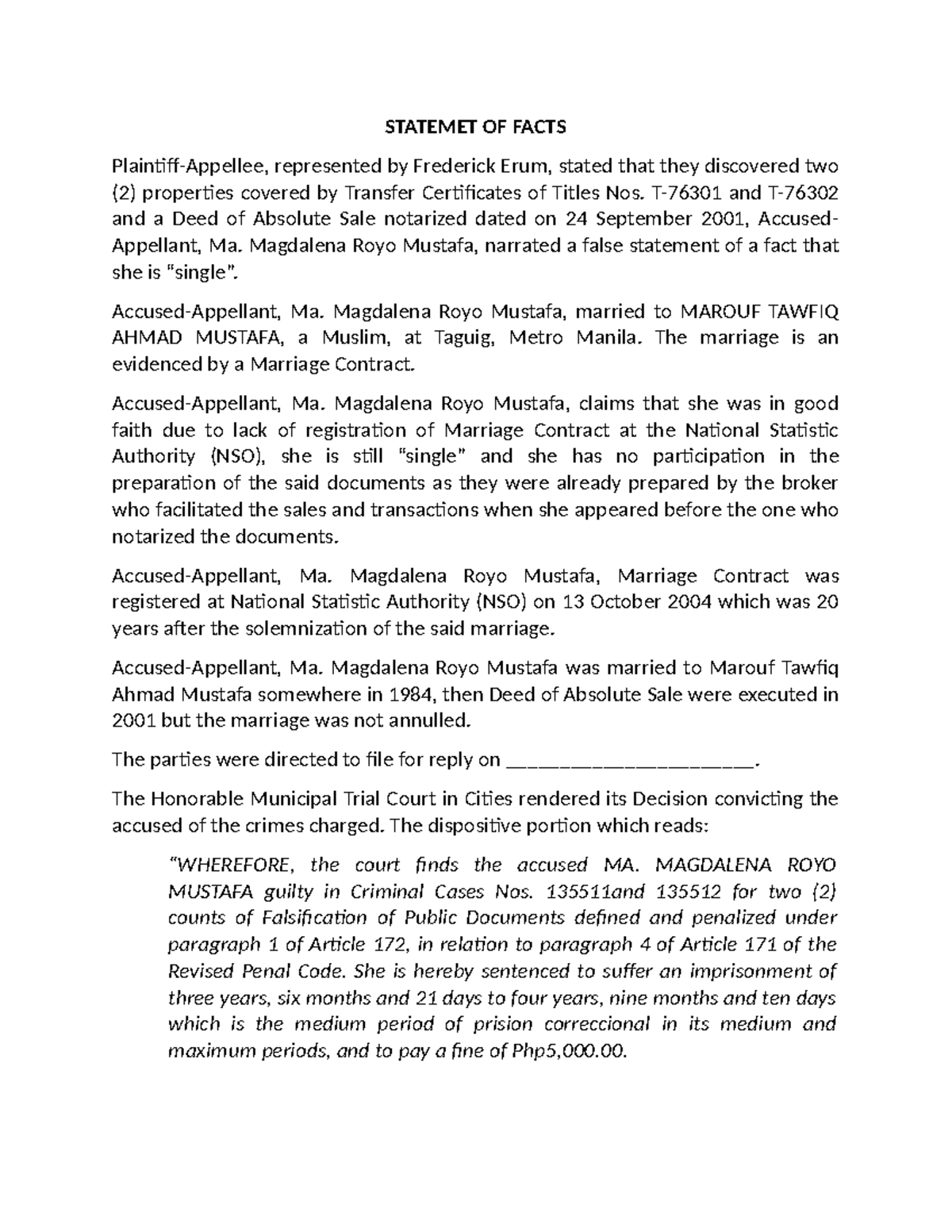 Statemet OF Facts - NADA AMIGO - STATEMET OF FACTS Plaintiff-Appellee ...