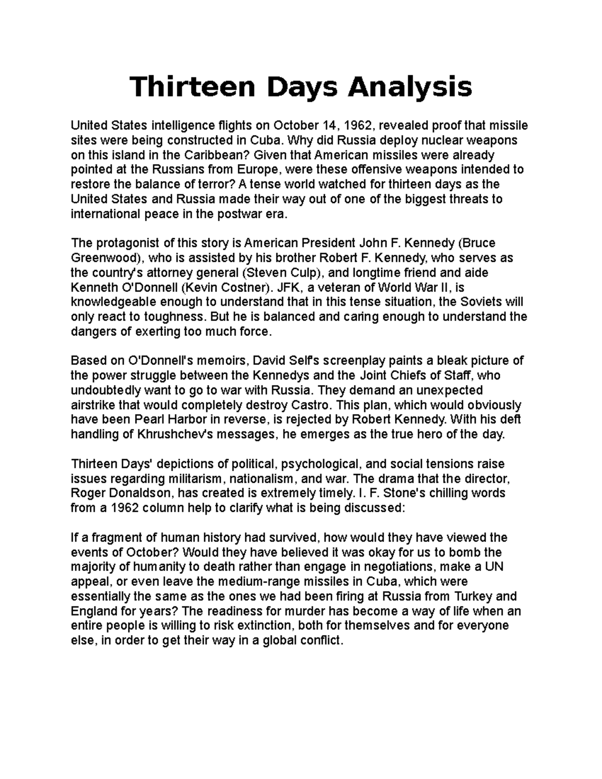 Thirteen Days Analysis Essay