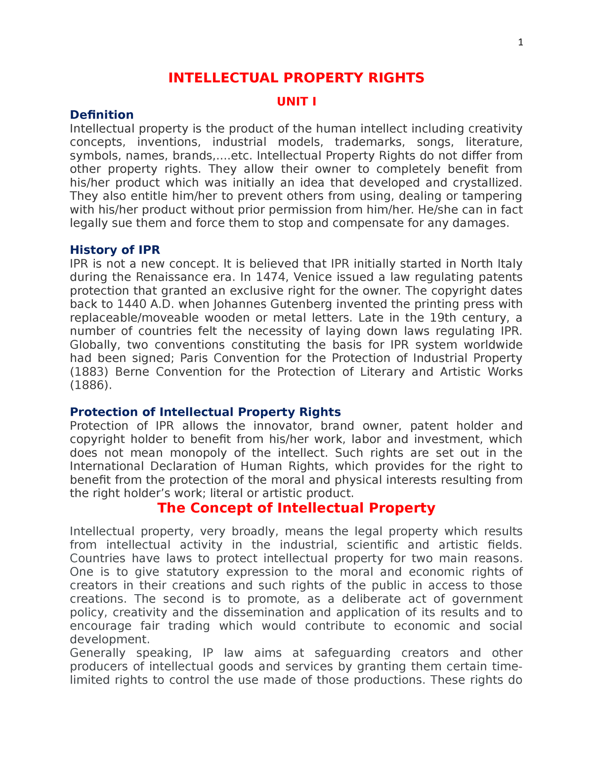 FULL Notes OF IPR INTELLECTUAL PROPERTY RIGHTS UNIT I Definition