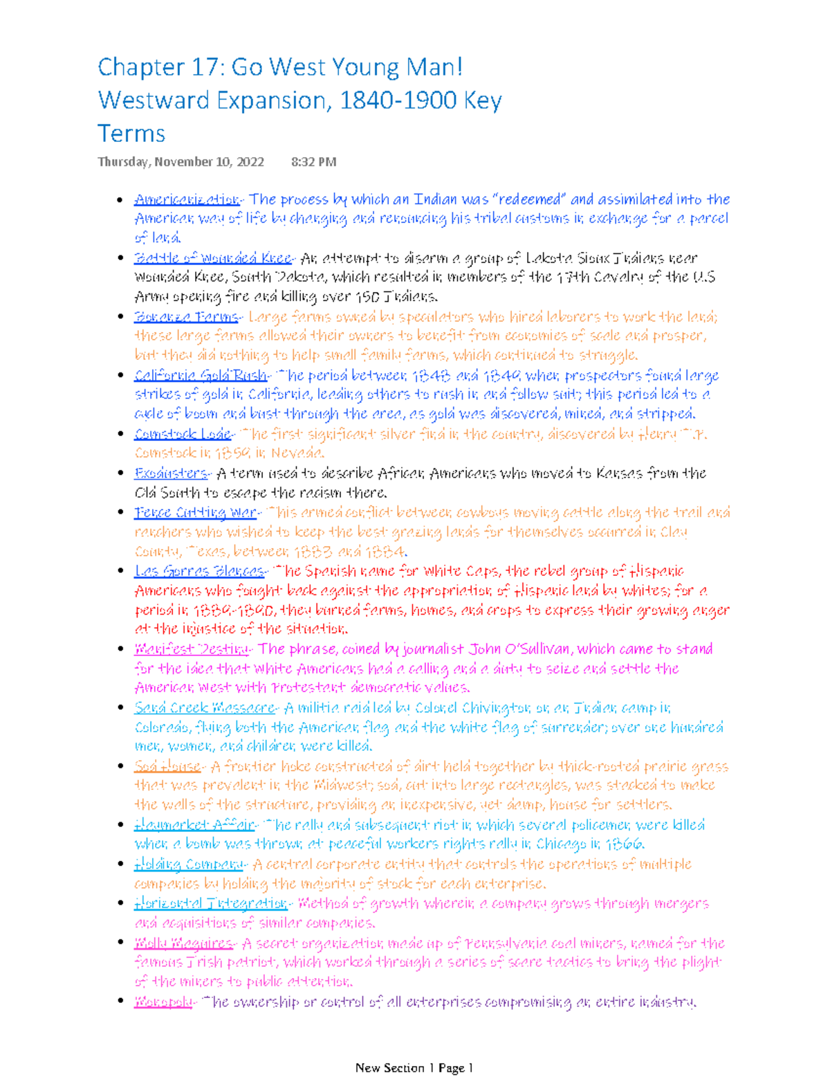 Chapter 17 Go West Young Man Westward Expansion, 18401900 Key Terms