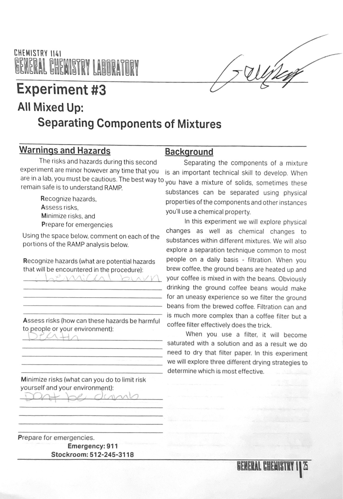 pre lab experiment 3 chemistry matriculation