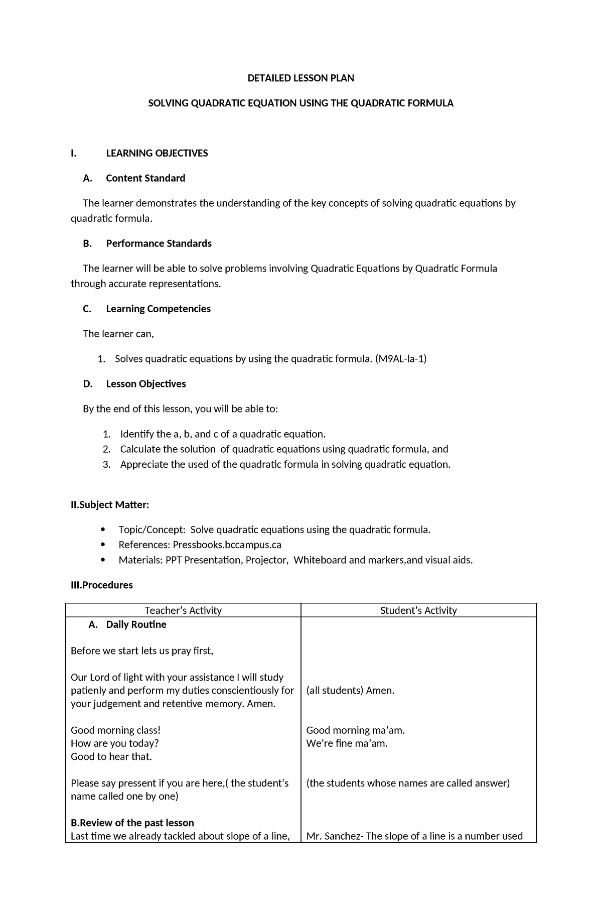 Detailed Lesson PLAN Remedial - DETAILED LESSON PLAN SOLVING QUADRATIC ...