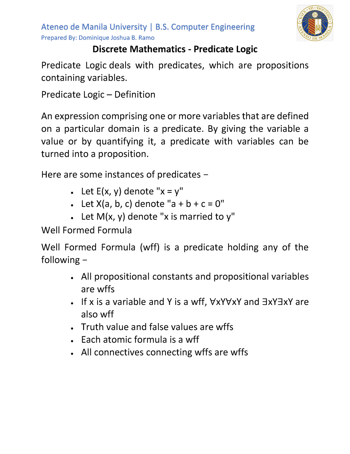 Study Guide - Discrete Mathematics - Predicate Logic - Prepared By ...