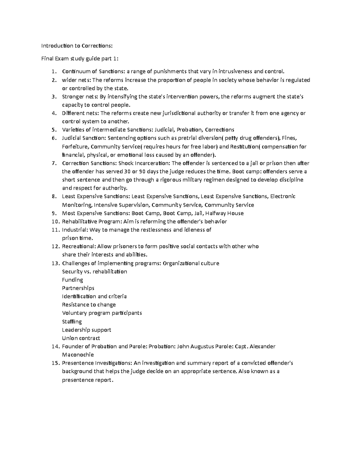 Intro to corrections final exam study guide part 1 - Introduction to ...